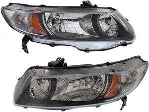 Headlight Pair/Set for Honda Civic 2010-2011 Coupe, Right Passenger and Left Driver, Lens and Housing, Halogen Replacement
