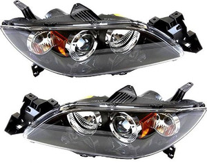 Headlight Lens and Housing Pair/Set for 2004-2006 Mazda 3 Sedan, Right Passenger and Left Driver, Xenon, Without HID Pair/Set, Replacement