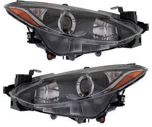 Headlight Assembly Pair/Set for Mazda 3 Hatchback/Sedan (2014-2016), Right Passenger and Left Driver Side, Halogen Replacement