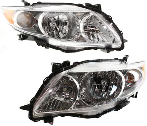 Pair/Set - Headlight Assembly for Toyota Corolla 2009-2010, Right Passenger and Left Driver, Halogen, Chrome Interior, Compatible with Base, CE, LE, XLE Models, North America Built Vehicle, Replacement