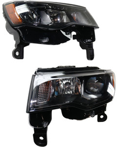 Headlight Assembly Pair/Set for 2017-2022 Jeep Grand Cherokee WK, Right Passenger and Left Driver, Halogen, Black Trim, Standard Type, Replacement