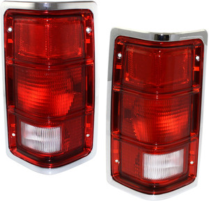 Tail Light Pair/Set for 1987-1996 Dodge Dakota, Right Passenger and Left Driver, Lens and Housing, with Chrome Outer Trim, without Chrome Inner Stripes, Replacement