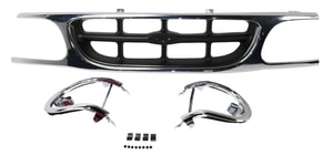 Grille for Ford Explorer 1995-2001, Plastic, Chrome Shell with Silver Gray Insert, Includes Headlight Doors, Replacement