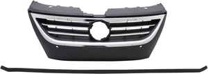 Grille for Volkswagen CC 2009-2012, Passat CC 2009-2010, Primed (Ready to Paint) Black Shell and Insert, with Chrome Molding, with Distance Sensor Hole, Replacement