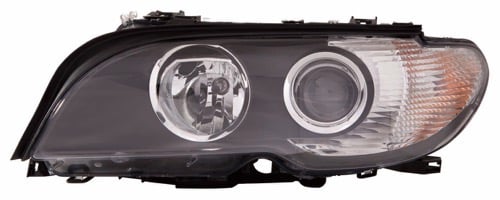 Left (Driver) Headlight Lens/Housing for 2003 - 2006 BMW 330Ci, Front Assembly Replacement Housing/Lens/Cover - Halogen with White Turn Signal Lens from 3/03, 2 Door Coupe,  63127165907, Replacement