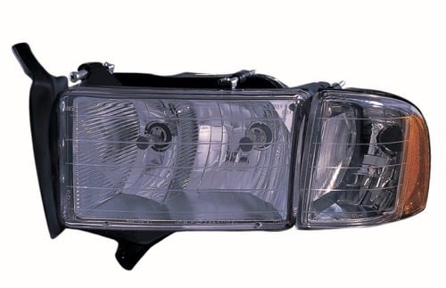 Left (Driver) Headlight Assembly for 1999 - 2002 Dodge Ram 3500, Front Replacement Housing/Lens/Cover with Sport Right (Passenger) Package, Includes Park/Signal/Marker Lights, Early Design, Composite,  55077025AG, Replacement