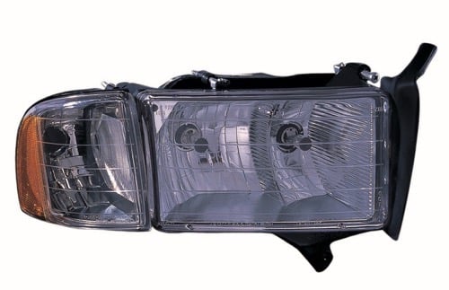 Right (Passenger) Headlight Assembly for 1999 - 2002 Dodge Ram 3500, Front Replacement Housing/Lens/Cover, Sport Package with Parking, Signal, Marker Lights, Early Design, Composite, OEM 55077024AG