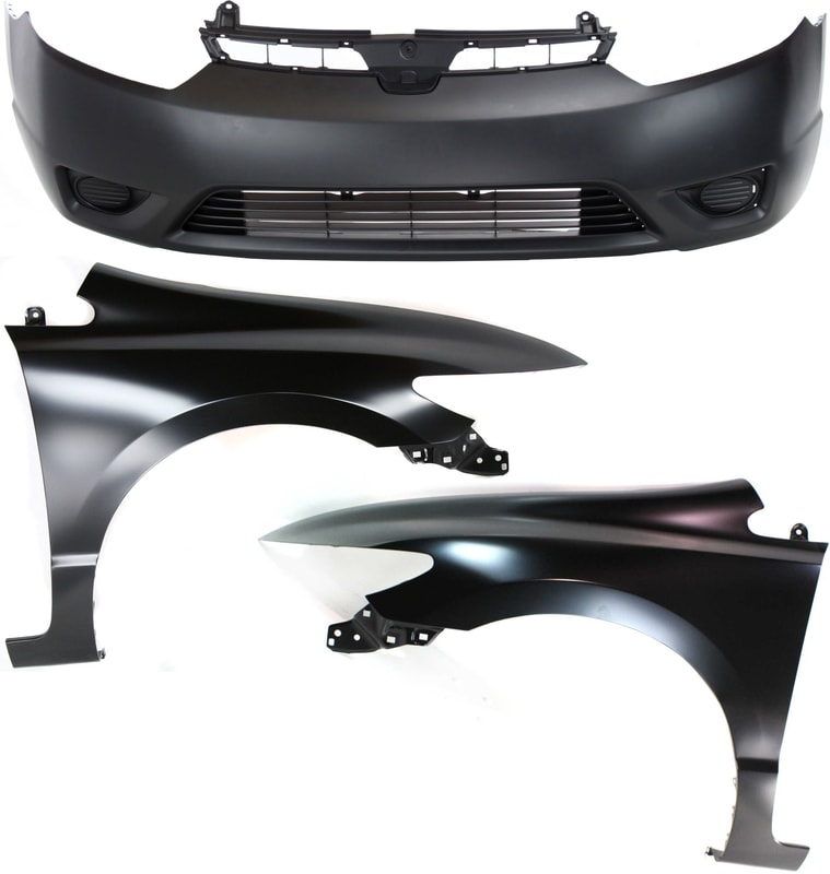 Front Bumper Cover Assembly for 2006-2008 Honda Civic, 3-Piece Kit with Fenders, Suitable for Coupe, Replacement