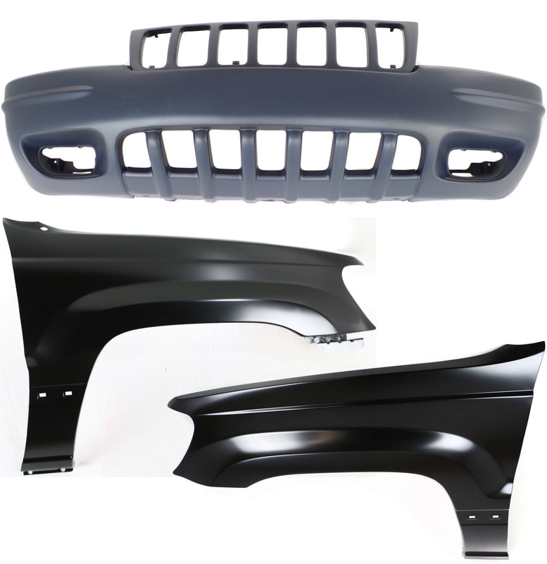 Front Bumper Cover Assembly for 1999-2000 Jeep Grand Cherokee, 3-Piece Kit with Fenders, Replacement Part