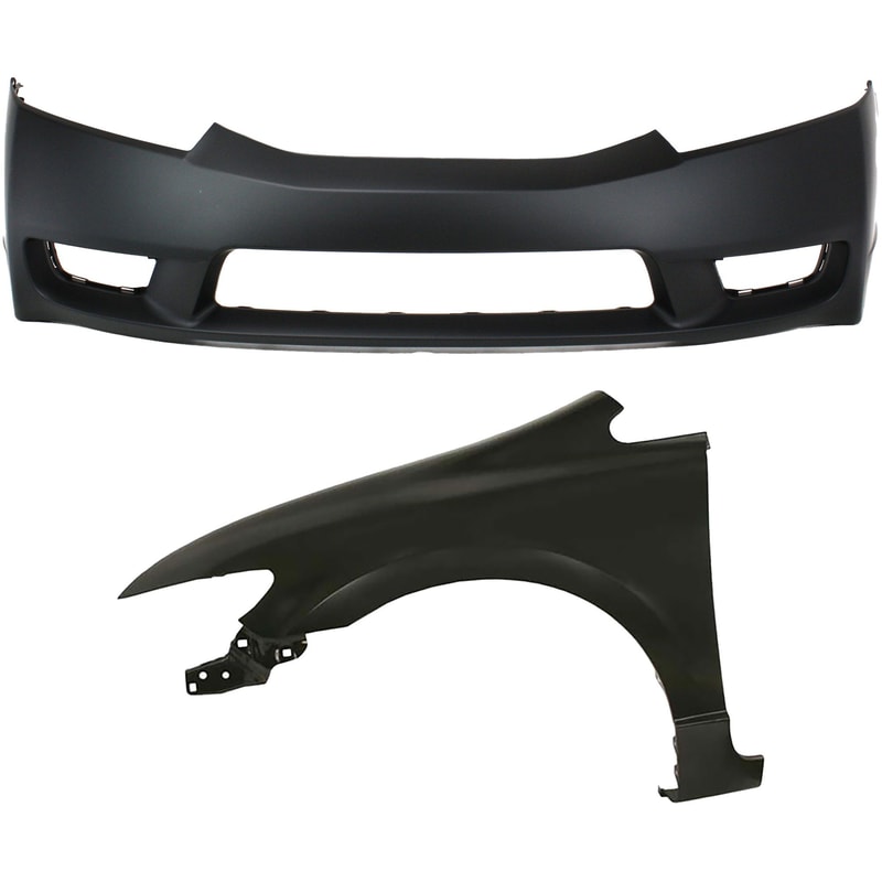 Front Bumper Cover Assembly for 2009-2011 Honda Civic, 2-Piece Kit Includes Fender, Replacement