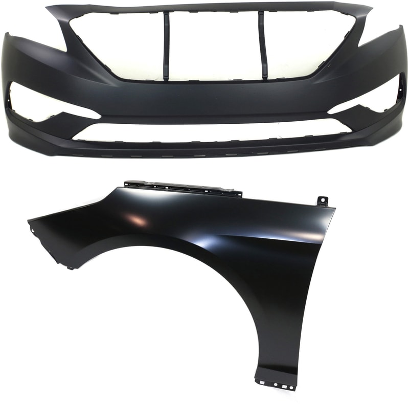 Front Bumper Cover Assembly for 2015-2017 Hyundai Sonata, 2-Piece Kit, Primed (Ready to Paint) with Fender Replacement