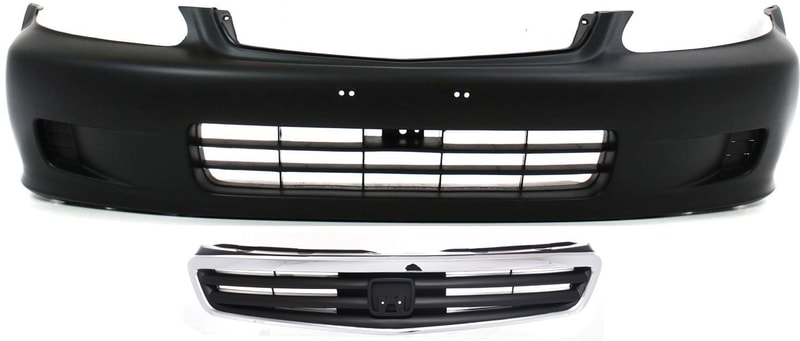 Front Bumper Cover Kit for 1999-2000 Honda Civic Sedan, Primed (Ready to Paint), 2-Piece with Grille, Excluding G Models, Replacement