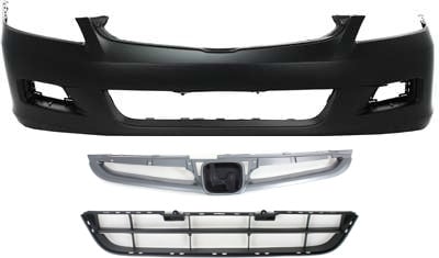 Front Bumper Cover for 2006-2007 Honda Accord, 3-Piece Kit with Bumper Grille and Grille Assembly Replacement