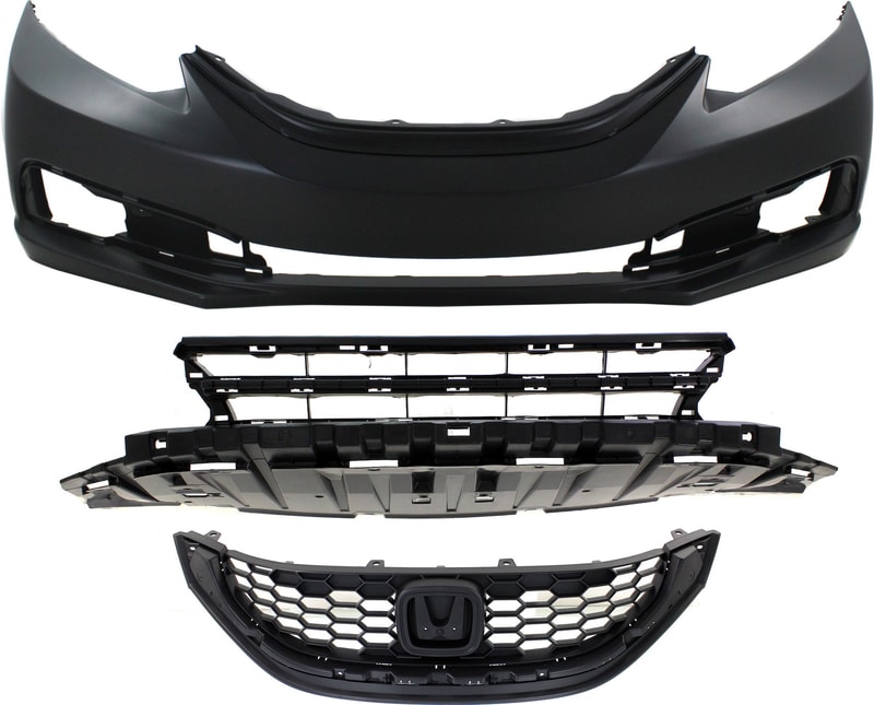 Front Bumper Cover for Honda Civic 2013-2015, 3-Piece Kit with Bumper Grille and Grille, Replacement