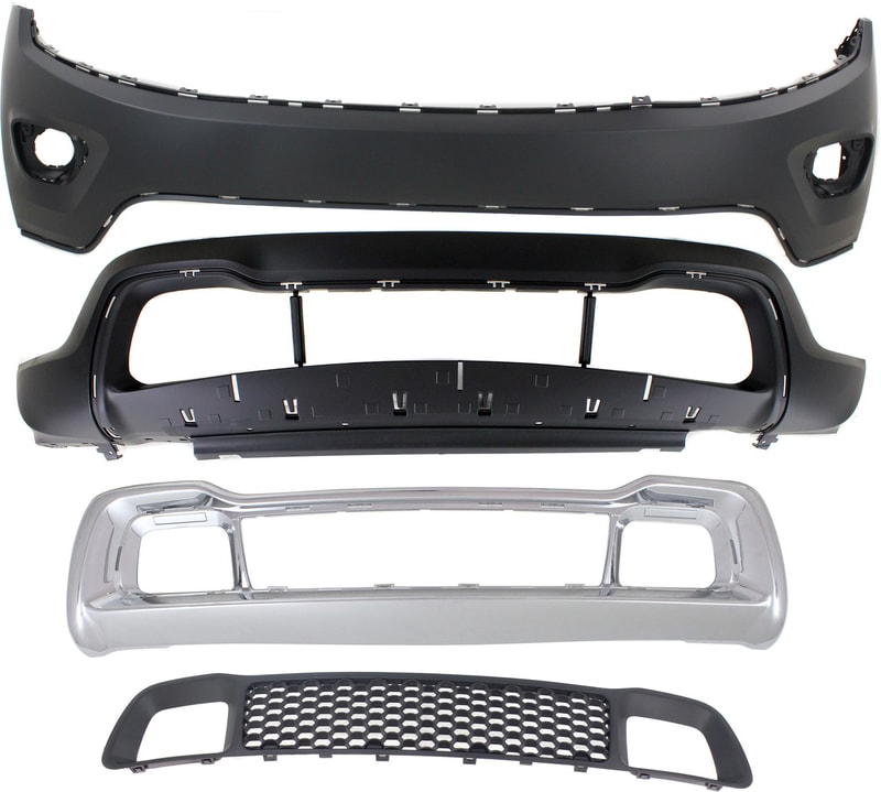 Front Bumper Cover for Jeep Grand Cherokee 2014-2016, Upper and Lower, Primed (Ready to Paint) Top; Textured Bottom, 4-Piece Kit with Bumper Grilles Replacement
