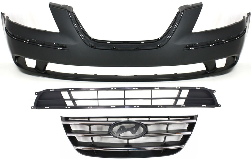Front Bumper Cover for 2009-2010 Hyundai Sonata, 3-Piece Kit with Bumper Grille and Grille Replacement