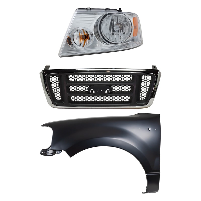 3-Piece Kit Grille for 2004 Ford F-150, Chrome Shell with Dark Gray Insert, Comes with Fender and Headlight Replacement