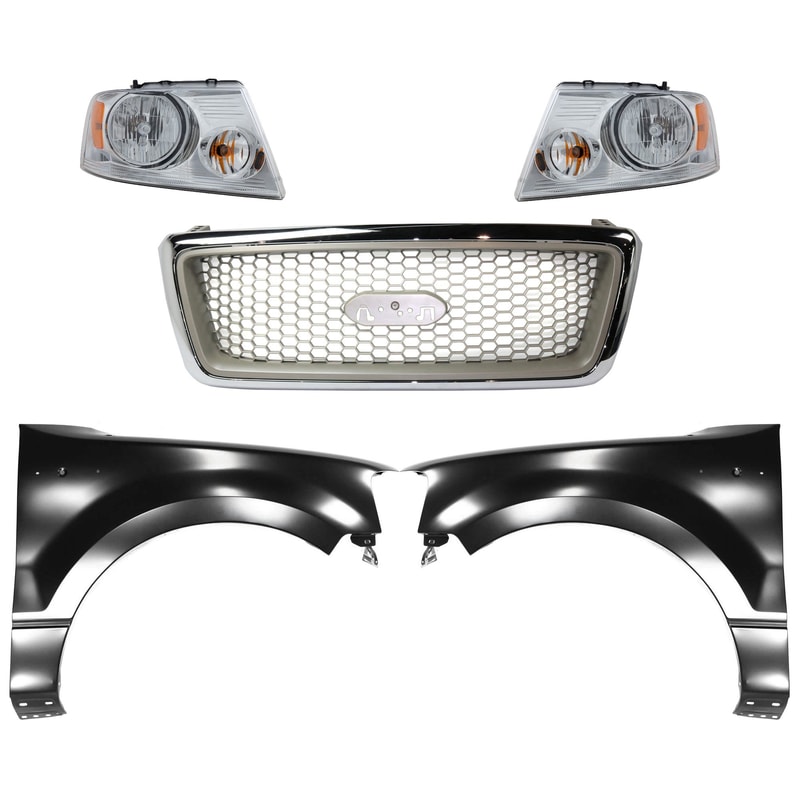 Grille Kit for Ford F-150 2004-2006, Chrome Shell with Beige Insert, 5-Piece Set including Fenders and Headlights, Replacement