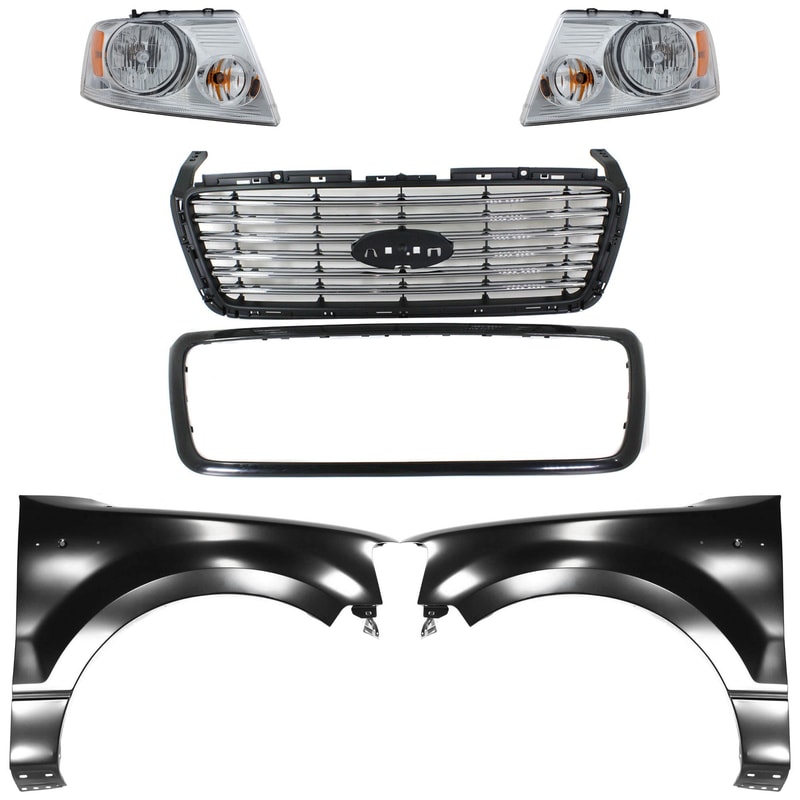 5-Piece Kit Grille for 2006 Ford F-150, Black Shell with Chrome Insert, Including Fenders and Headlights, Replacement