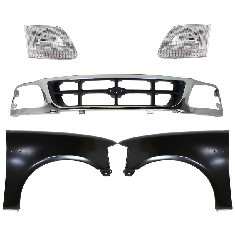 Grille Kit for Ford F-150/F-250 1997-1998, Chrome Shell with Gray Insert, 5-Piece Set, Includes Fenders and Headlights, Replacement