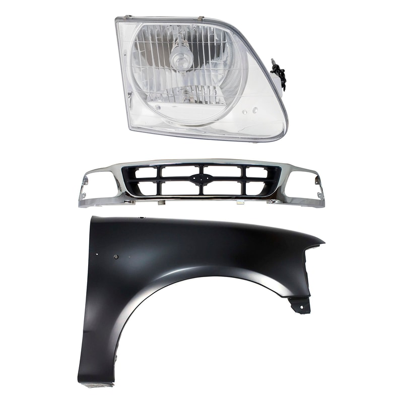 3-Piece Kit Grille for Ford F-150/F-250 1997-1998, Chrome Shell with Gray Insert, Includes Fender and Headlight, Right (Passenger) Replacement