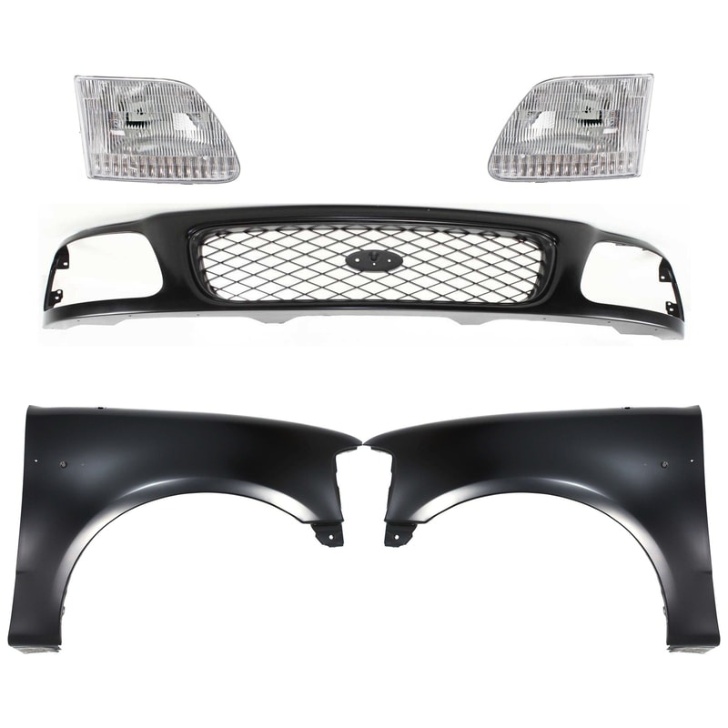 Grille Kit for Ford F-150/F-250 1997-1998, Includes Paintable Shell and Insert, 5-Piece Kit with Fenders and Headlights, Replacement