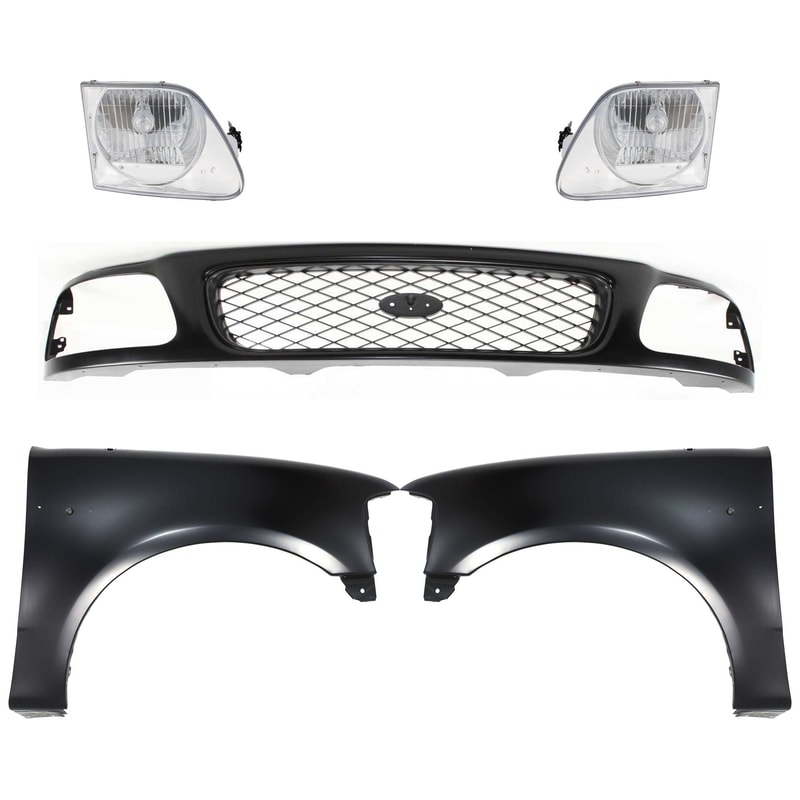Grille Kit for Ford F-150/F-250 1997-1998, Paintable Shell and Insert, 5-Piece Set with Fenders and Headlights, Replacement