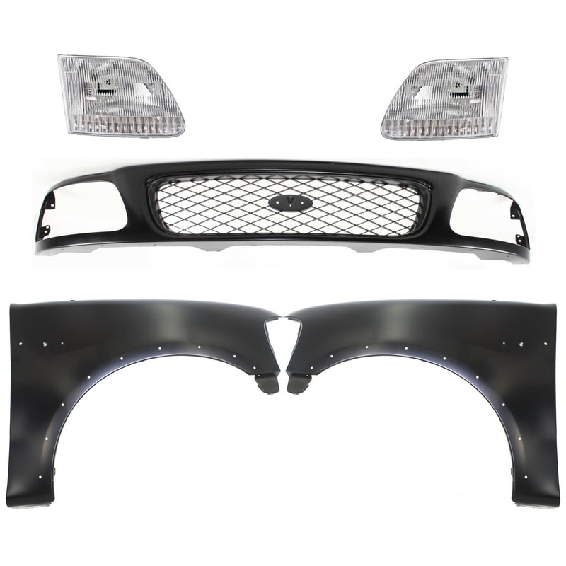 5-Piece Paintable Grille Shell and Insert Kit for 1997-1998 Ford F-150/F-250, Including Fenders and Headlights, Replacement Set