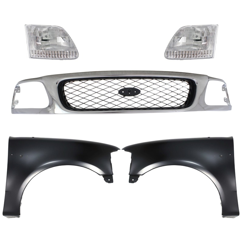 Grille Kit for Ford F-150/F-250 1997-1998, Chrome Shell with Black Insert, 5-Piece Set including Fenders and Headlights, Replacement