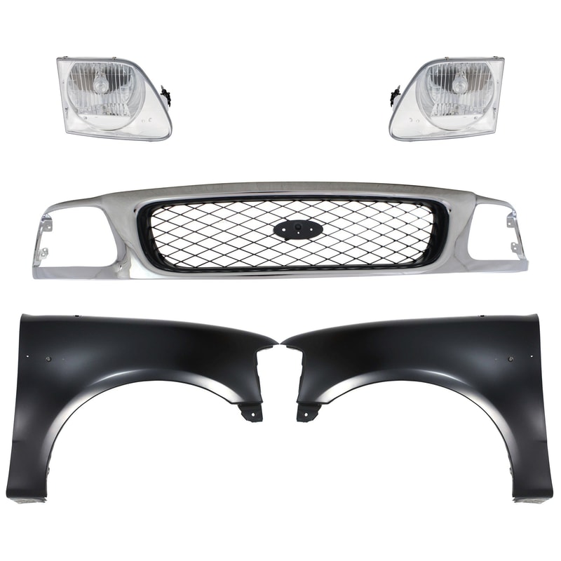 Grille Kit for Ford F-150/F-250 1997-1998, Chrome Shell with Black Insert, 5-Piece Set, includes Fenders and Headlights, Replacement
