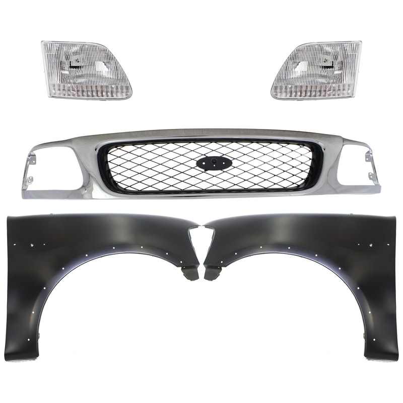 Chrome Shell Grille with Black Insert for Ford F-150/F-250 1997-1998, 5-Piece Kit includes Fenders and Headlights, Replacement Parts 
