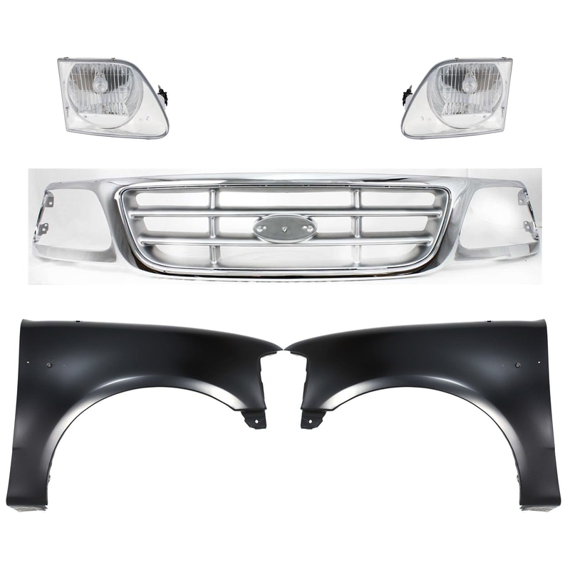 Grille Kit for Ford F-150 1999-2003, F-150 Heritage 2004, F-250 1999, Chrome Shell, Paintable Insert, 5-Piece with Fenders and Headlights Replacement