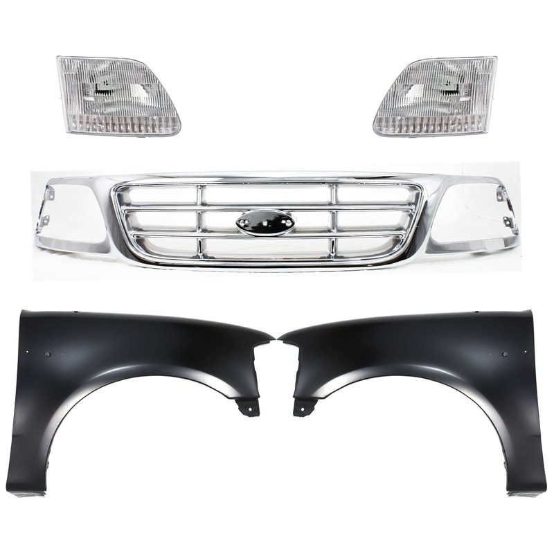 Grille Kit for FORD F-150 1999-2003, F-150 HERITAGE 2004, F-250 1999, Chrome Shell and Insert, 5-Piece, with Fenders and Headlights, Replacement