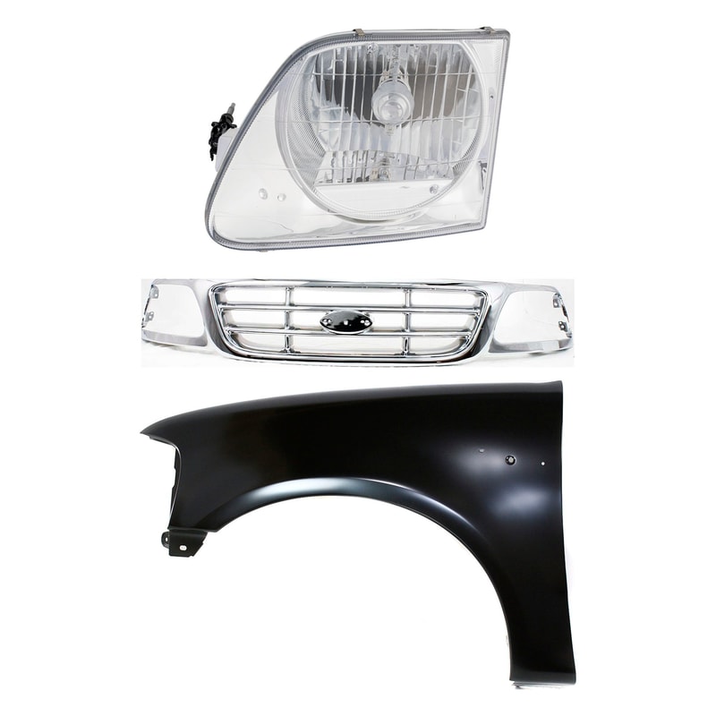3-Piece Chrome Shell and Insert Grille for Ford F-150 (1999-2003), F-150 Heritage (2004), F-250 (1999) with Fender and Headlight Replacement Kit