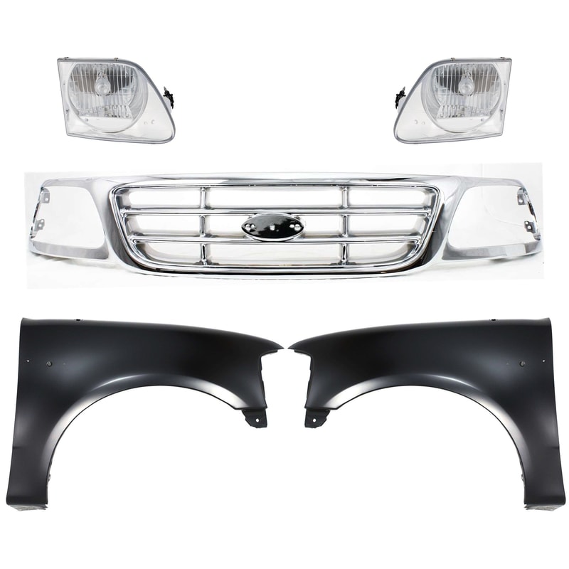 Grille Kit for Ford F-150 1999-2003, F-150 Heritage 2004, F-250 1999, Chrome Shell and Insert, 5-Piece Kit with Fenders and Headlights Replacement