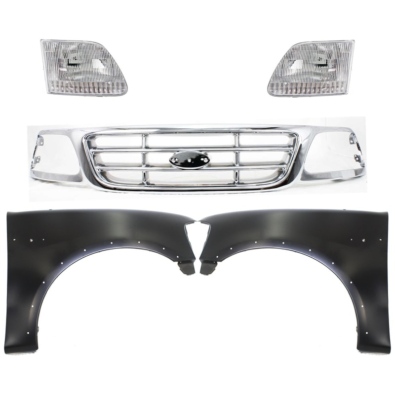 5-Piece Chrome Shell and Insert Grille Kit with Fenders and Headlights for 1999-2003 Ford F-150, 2004 F-150 Heritage, 1999 F-250 Replacement