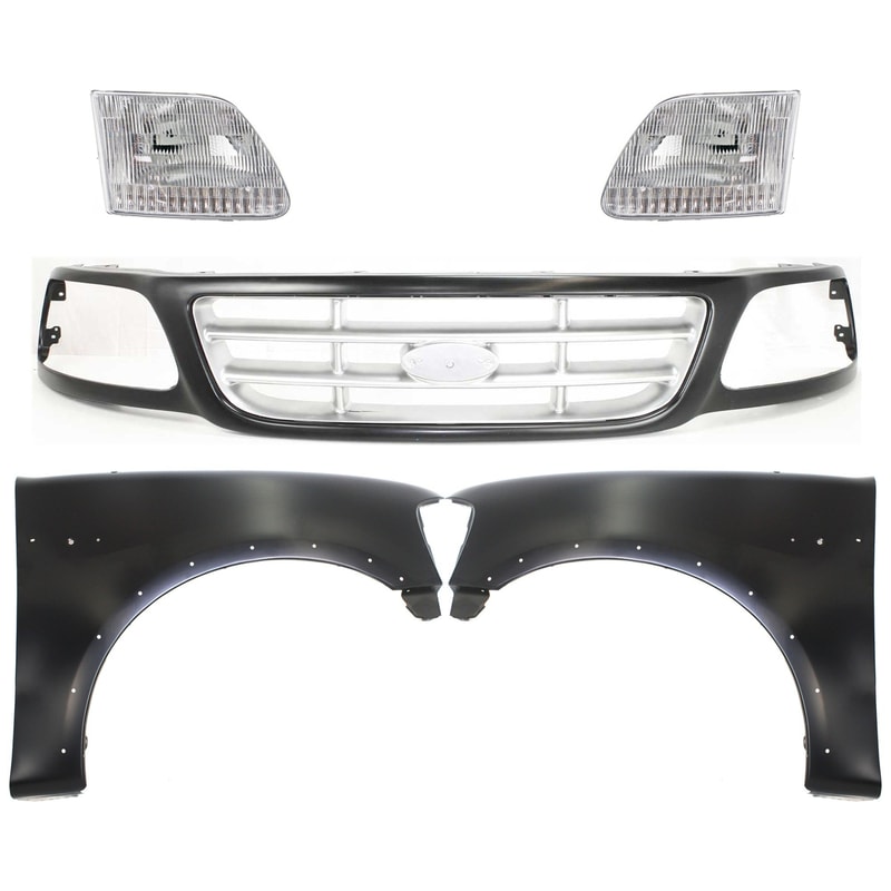 Grille Kit Paint to Match for Ford F-150 1999-2003, F-150 Heritage 2004, F-250 1999, 5-Piece Set with Matching Fenders and Headlights, Replacement