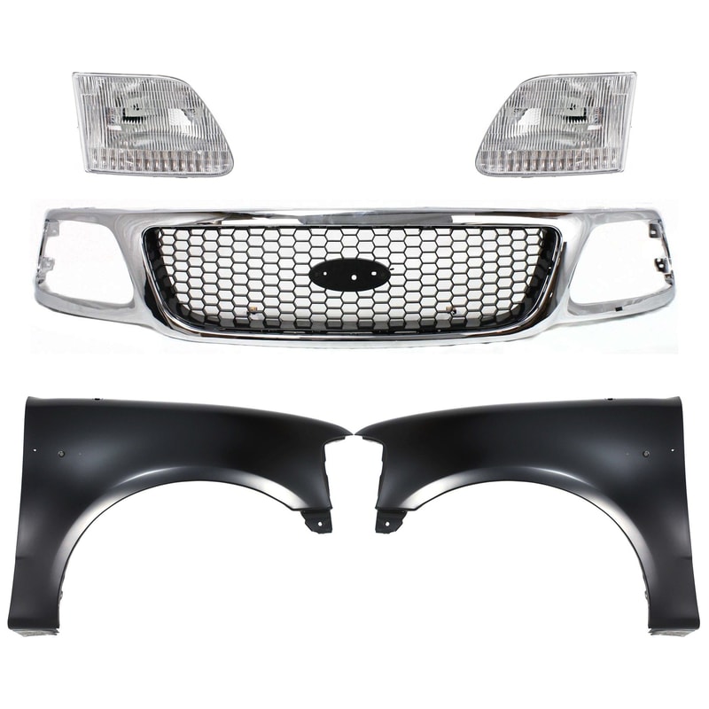Chrome Shell with Black Insert Grille for Ford F-150 1999-2003, F-250 1999, 5-Piece Kit with Fenders and Headlights, Replacement