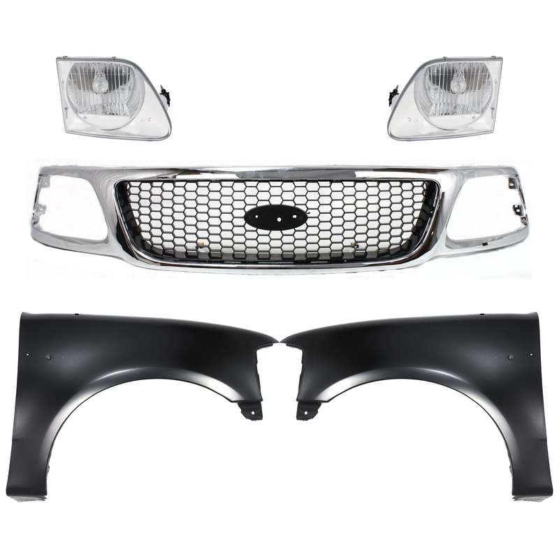 Grille Kit for Ford F-150 1999-2003, F-250 1999, Chrome Shell with Black Insert, 5-Piece Set, Includes Headlights and Fenders, Replacement