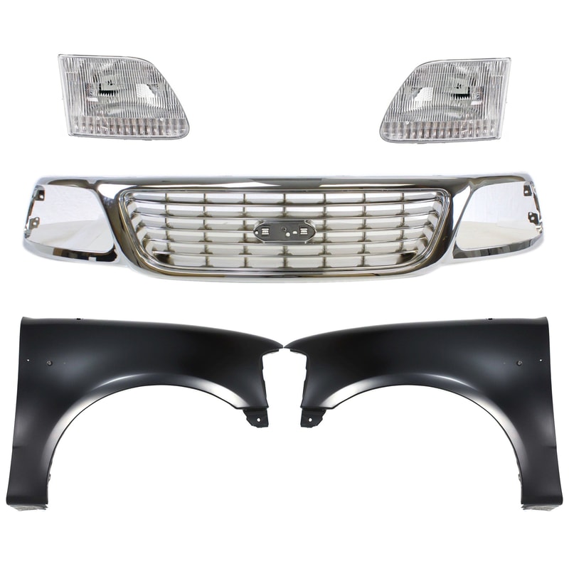 Chrome Shell and Insert Grille Kit for Ford F-150 1999-2003, F-150 Heritage 2004, 5-Piece Set, with Fenders and Headlights, Replacement