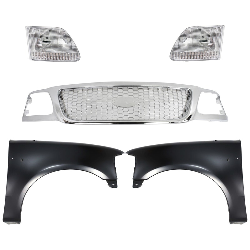 Chrome Grille Shell and Insert Kit for Ford F-150 1999-2003, F-150 Heritage 2004, F-250 1999, 5-Piece with Fenders and Headlights, Replacement
