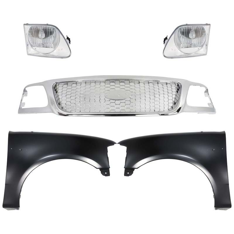 Grille Kit for Ford F-150 (1999-2003), F-150 Heritage (2004), F-250 (1999) - Includes Chrome Shell and Insert, 5-Piece Kit with Fenders and Headlights, Replacement