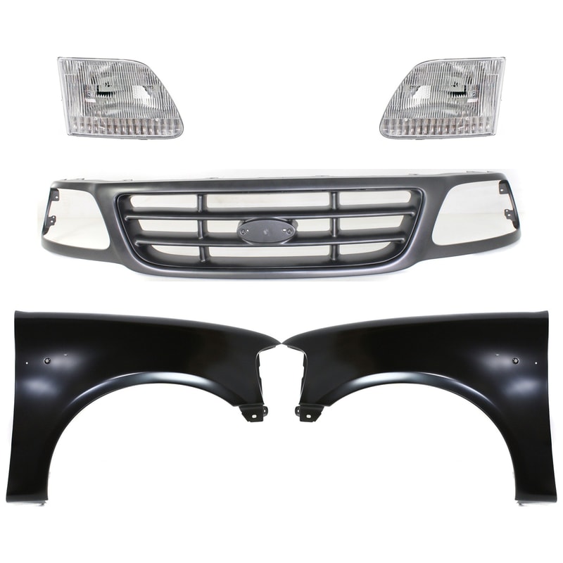 Painted Gray Grille and Insert Kit with Fenders and Headlights for Ford F-150 (2000-2003) and F-150 Heritage (2004-2004), 5-Piece Replacement