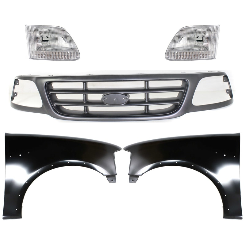 Grille for Ford F-150 2000-2003 / F-150 Heritage 2004, Painted Gray Shell and Insert, 5-Piece Kit with Fenders and Headlights Replacement