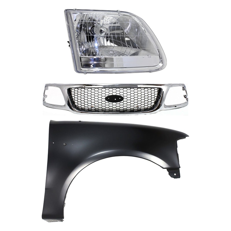 3-Piece Grille Kit for Ford F-150 2001-2003, Chrome Shell with Black Insert, with Fender and Headlight Replacement
