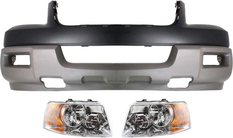 Front Bumper Cover for Ford Expedition 2003, Upper and Lower, 3-Piece Kit with Headlights, Replacement