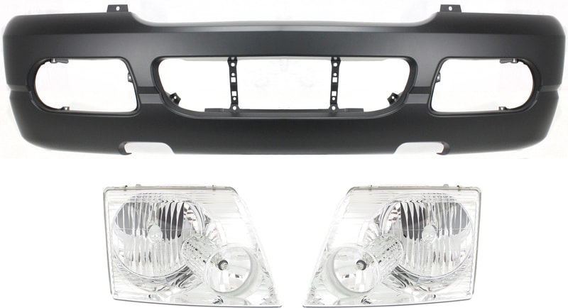 Front Bumper Cover for 2004-2005 Ford Explorer, 3-Piece Kit with Headlights, Excludes Sport Package, Replacement