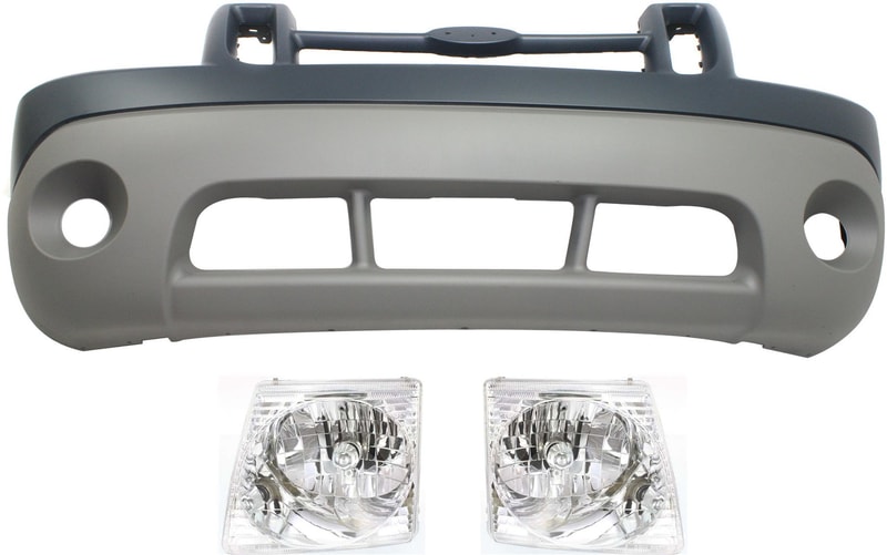 Front Bumper Cover Kit for 2001-2002 Ford Explorer Sport / 2001-2003 Explorer Sport Trac, 3-Piece with Headlights, Replacement