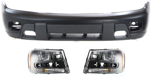 Front Bumper Cover for Chevrolet Trailblazer 2002-2007, 3-Piece Kit with Headlights, Replacement Part Set