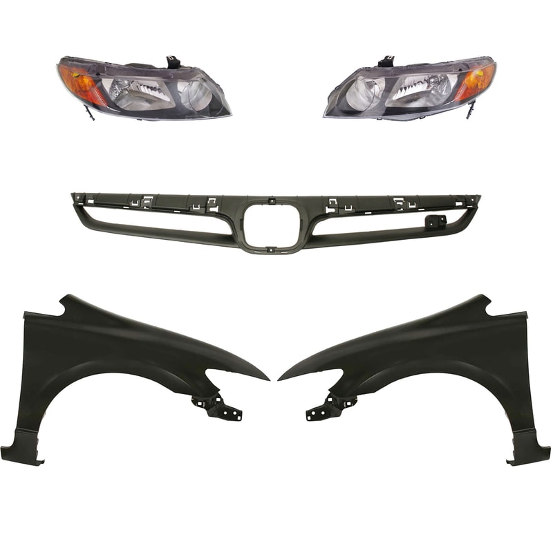 Grille Kit for 2007-2008 Honda Civic, Includes Painted Silver Shell and Insert, 5-Piece Set with Fenders and Headlights, Replacement